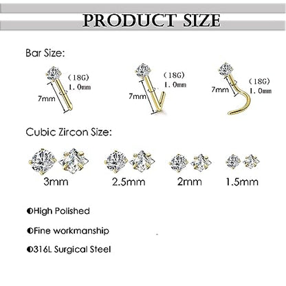14k Gold Plated 316L Surgical Steel 22g/20g/18g Nose Rings Studs L-Shape Bone Screw Nostril Piercing 1.5mm 2mm 2.5mm 3mm 3.5mm 4.5mm CZ Nose Studs for Women - color: 18g 8pcs Bone Silver 316L Surgical Steel