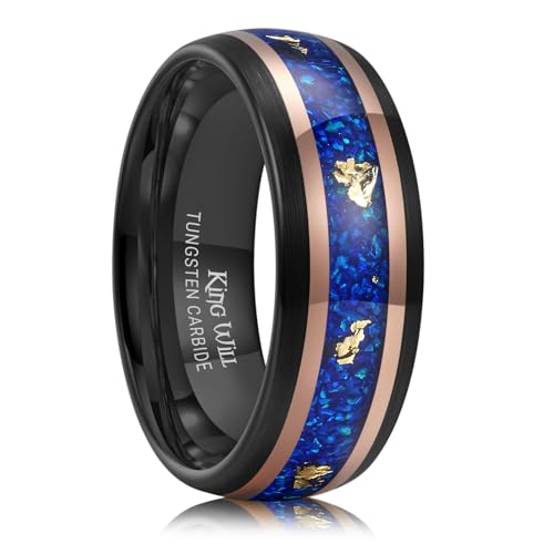 King Will Black Tungsten Rings for Men Hammer Wedding Band | Black, Grooved, Hammer Wedding Band Gold Groove, Sand Inlay, Everyday Wear - color: Blue Green Opal & Golden Foil