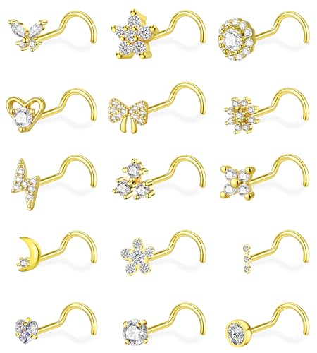 Gold L Shaped Corkscrew Nose Rings for Women 20G Nose Piercings Heart Butterfly Flower Bow Moon Nose Studs Stainless Steel Nose Piercing Jewelry - color: Gold Tone Corkscrew