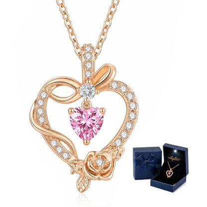 Heart Birthstone Necklace, LED Gift Box | Heart birthstone necklace with rose CZ pendant and LED gift box, ready-to-gift birthday gift for mom, wife, grandma, sister - color: Rose Gold 10-Oct Pink