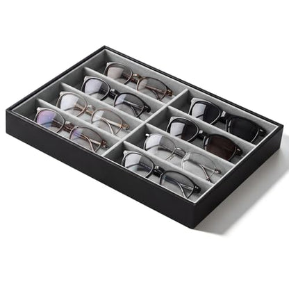 Stratalife 8 Grids Drawer Sunglasses Organizer Tray, Gray PU Velvet | Stackable Eyeglasses Storage Case with Removable Dividers, Jewelry Display Case for Necklace Bracelet, 13.78x9.5x1.2inch - color: Grey-02
