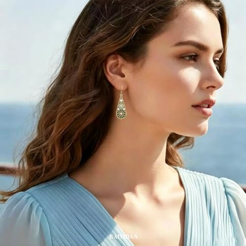 Boho Turquoise Dangle Earrings For Women Trendy,Western Blue Gemstone Drop Earings,Vintage Gothic Ethnic Statement Beach Vacation Long Birthstone Earrings with Leaf Teardrop Turquoise Crystal Tassels,Fashion Jewelry Birthday Gift. - style: A32 Vintage flo