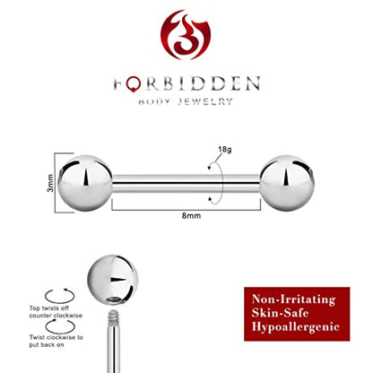 Forbidden Body Jewelry nipple barbell, nipple bars, silver nipplerings piercing Surgical Steel 8g - 18g Straight Barbell Body Jewelry (Sold Individually) - style: 18G 8mm (5/16") 3mm Balls