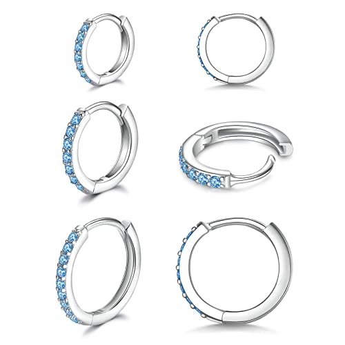3 Pairs 925 Sterling Silver Small Hoop Earrings for Women Men | Cubic Zirconia, 14K White Gold Plated Huggie Hoop Earrings, Hypoallergenic - style: O-blue cz 8/10/12mm