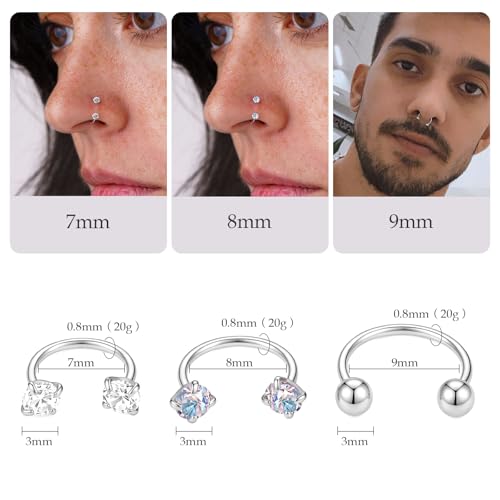 Titanium Horseshoe Nose Ring 20g, Gold Silver Nose Rings Hoops with Double CZ Gems Hypoallergenic Septum Ring for Women Men, Small Cartilage Helix Tragus Daith Labret Piercing Jewelry 7mm 8mm 9mm - color: Silver-Ball+CZ+AB