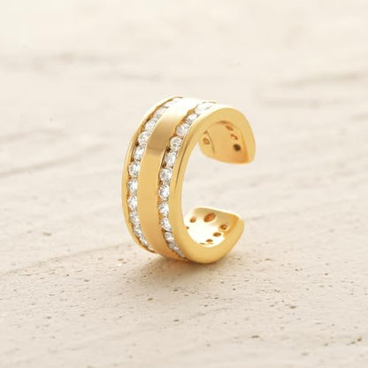 Women Ear Cuff Earring Gold Non Pierced Ear Cartilage Clip on Wrap Hoop 14K Gold Filled Tiny Boho Beach Simple Minimalist Delicate Handmade Hypoallergenic Jewelry Gift-Sold as Single/Pair - style: Band 2 Row CZ