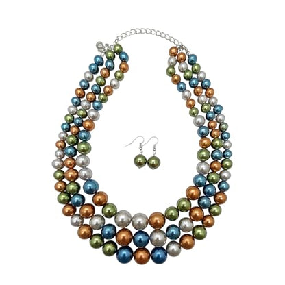 Simulated Pearl Necklace & Earring Set, Multi Strand - color: Dark Multi