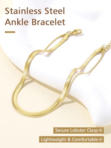 FindChic Ankle Bracelets for Women, Silver/Black/Gold Plated Layered Stainless Steel Anklets, Non-Tarnish Adjustable Waterproof Trendy Foot Jewelry for Beach Summer - style: Layered Snake Chain-Gold