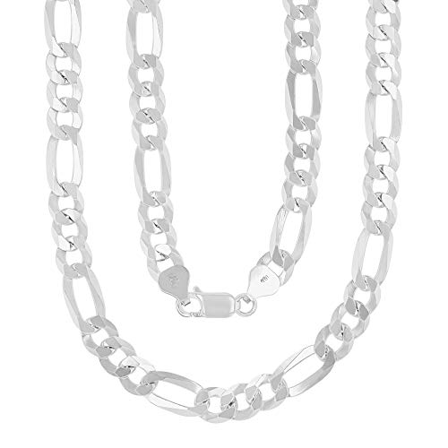 14K Gold or Rhodium Plated Silver Figaro Chain For Men | 1mm-13mm Thick | Solid 925 Figaro Italian Necklaces For Men - style: 7.70MM- White