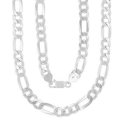 14K Gold or Rhodium Plated Silver Figaro Chain For Men | 1mm-13mm Thick | Solid 925 Figaro Italian Necklaces For Men - style: 7.70MM- White