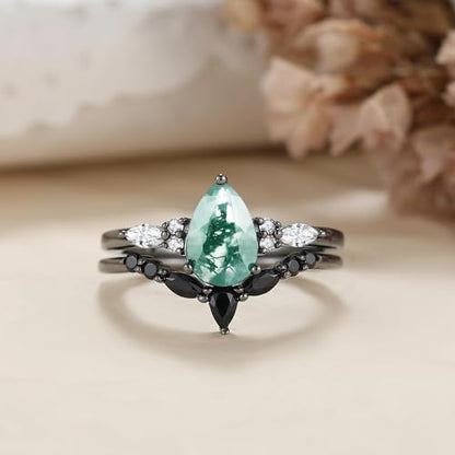 Moss Agate Bridal Wedding Rings Set for Women 925 Sterling Silver | Plated Platinum/Black Gold, Gothic, Vintage, Engagement Promise Ring, Anniversary Valentine Day Birthday Gift for Her - style: Black Gold Plating Cluster Ring