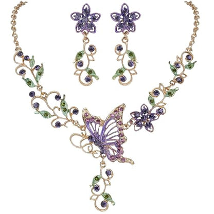 EleQueen Women's Crystal Butterfly Flower Leaf Necklace Earrings Set | Crystal Jewelry Set for Brides Bridesmaids, Necklace Set for Party - color: Gold-Tone Purple