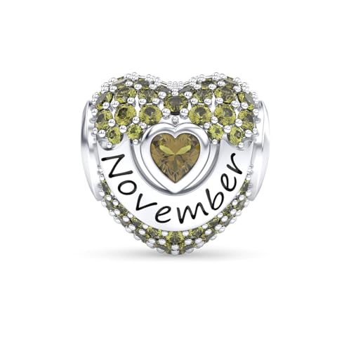 Birthstone Charms Love Heart Openwork Bead Charm for Women Bracelets and Necklaces 925 Sterling Silver with 5A Cubic Zirconia,Jewelry Gifts Women - color: Silver November Birthstone Charms
