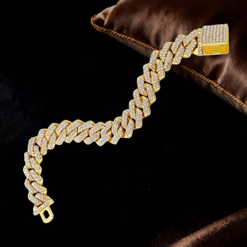 Mens Cuban Link Chain Iced Out Miami Cuban Necklace/Bracelet |14mm Silver & Gold Plated Chains | Bling Diamond Hip Hop Jewelry For Men Women - color: Yellow Gold, size: 7 inches