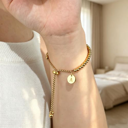 Waterproof Non Tarnish PVD 18K Gold Plated Stainless Steel Beaded Bracelets for Women, Hypoallergenic Dainty Initial Letter Charm Beaded Stackable Adjustable Bracelets, Love Knot Oval Bangles Single & Gift Sets Birthday Jewelry for Her - color: gold-A