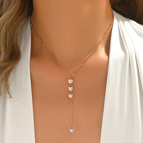 Lariat Necklaces for Women 18K Gold Plated Cubic Zirconia Heart Necklaces Dainty Star Lightning Sun and Moon Necklace Trendy Y Shaped Drop Diamond Necklace - color: 4 Heart CZ Y Necklace-Gold