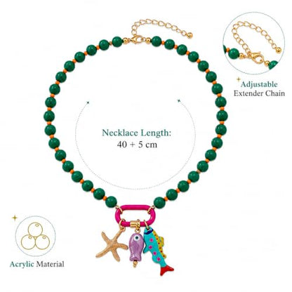 LIU JUN Colorful Beaded Necklace for Women, Chunky Boho Fish Starfish Conch Pendant Acrylic Bead Necklaces Cute Y2K Summer Beach Jewelry Gifts - color: Red