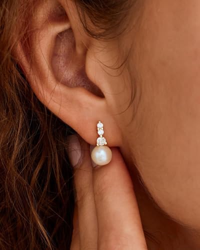 Pearl Earrings - 14K Gold/White Gold/Rose Gold Plated Cubic Zirconia CZ Diaomond Accented Pearl Drop Dangle Earrings for Women Wedding Bridal Prom - color: Style 221