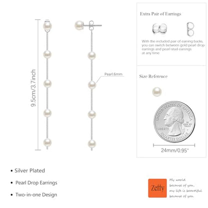 Pearl Earrings for Women 14k Gold/Silver Pearl Drop Earrings Long White Pearl Tassel Dangle Statement Earrings Bridal Wedding Dainty Prom Earrings Birthday Gifts Jewelry - color: 6MM Silver Pearl Drop Earrings
