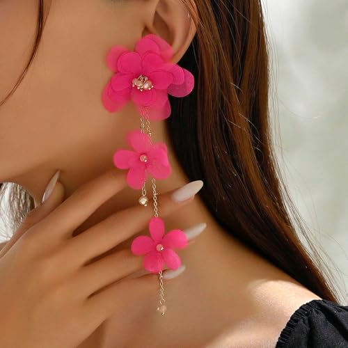 Flower Earrings for Women Long Fabric Flower Tassel Earrings Bohemian Handmade Floral Statement Earring Wedding Prom Jewelry Gifts - color: A2：hot pink