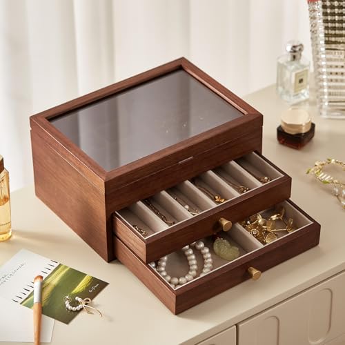 Black Walnut Wooden Jewelry Box Women with One-way Vision Mirror | Large Wood Jewelry Drawer Organizer, Glass Lid, With Mirror, For Necklaces Watch Ring Earring, Gift for Her, Velvet-Lined - style: 3 Layer A
