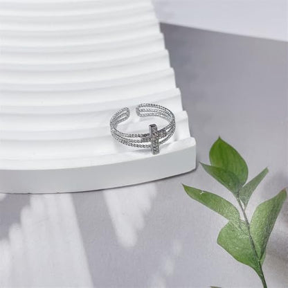 Dainty CZ Cross Adjustable Stacking Open Ring for Women Chic Crystal Christian Faith Triple Layer Stackable Statement Finger Wrap Ring Comfort Fit Religious Fashion Jewelry
