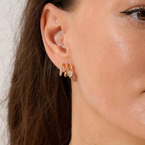 Gold Triple Hoop Illusion Stud Earrings, 14K Chunky Gold Plated Hoop Earrings Cuff Earrings for Women Trendy, Hypoallergenic Earrings Set Jewelry Gift - color: Triple hoop earrings-diamond