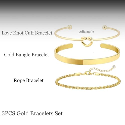 HERIER Gold Bracelets for Women 18k Gold Plated Bracelet Stack Bangle Cuff Bracelet Set for Women Non Tarnish Beaded/Paperclip/Cuban Link Chain Bracelets Jewelry for Women Trendy - style: Bangle Rope3-Gold