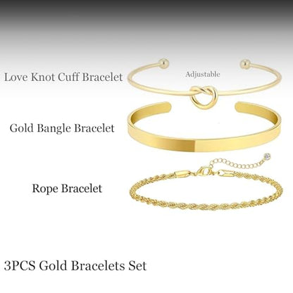 HERIER Gold Bracelets for Women 18k Gold Plated Bracelet Stack Bangle Cuff Bracelet Set for Women Non Tarnish Beaded/Paperclip/Cuban Link Chain Bracelets Jewelry for Women Trendy - style: Bangle Rope3-Gold