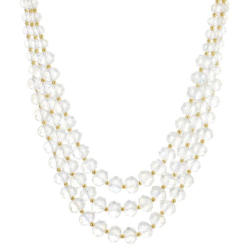 COOLSTEELANDBEYOND Crystal Beaded Necklace for Women Gold Tone Tri-Layered Strand Necklace With Clear Faceted Beads Statement Jewelry