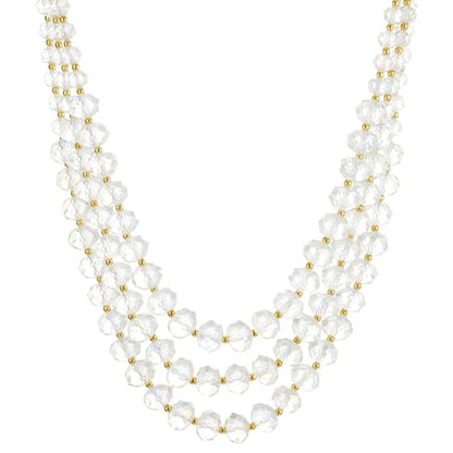 COOLSTEELANDBEYOND Crystal Beaded Necklace for Women Gold Tone Tri-Layered Strand Necklace With Clear Faceted Beads Statement Jewelry