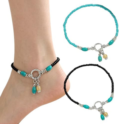 Turquoise Beaded Anklet for Women - Boho Summer Beach Foot Jewelry, Elegant Seed Bead Chain with Metal Ring & Tassels - color: Black+Blue