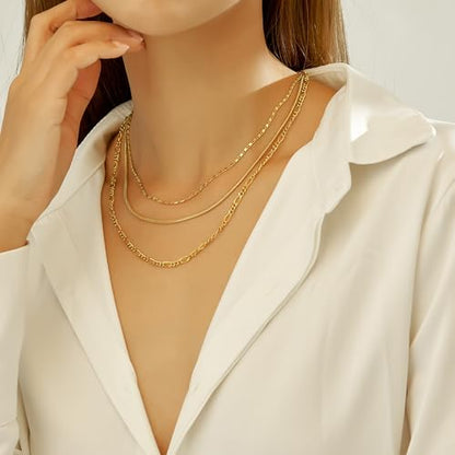 wgoud Gold Necklace for Women Waterproof,14K Real Gold Plated Herringbone Choker Necklace for Women Trendy, Dainty Gold Chain Necklaces Stack,Simple Layered Gold Necklaces for Women Jewelry Gifts - color: 3Pcs Gold Necklace A