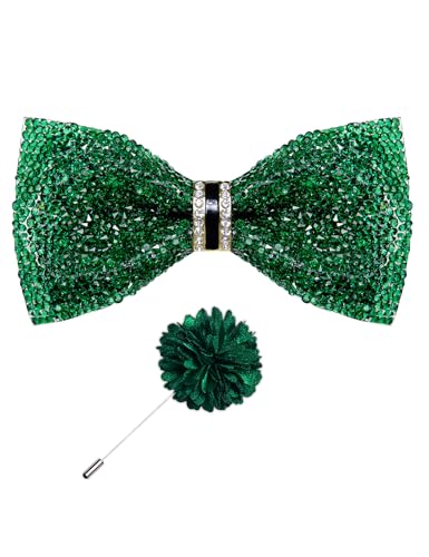 DiBanGu Mens Rhinestone Bow Tie with Ring and Lapel Pin Set | Adjustable Strap,Pre-tied Style,3PCS,Sequin Diamond Bowties，Solid/Mix Color,Shiny Accessory,for Party Prom Banquet Wedding - color: Emerald Green