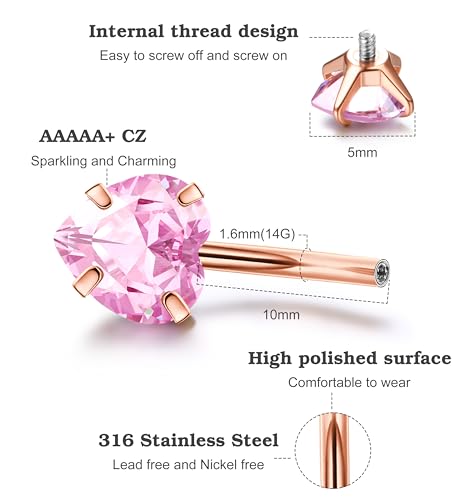 Dochais Pink Heart Belly Button Ring Piercing 8Pcs 14G Surgical Stainless Steel Navel Piercing Hypoallergenic Cute Created-opal Butterfly Belly Button Rings for Women - color: Rose Gold