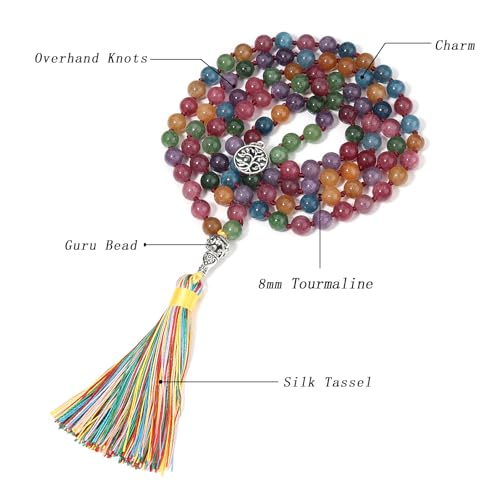 108 Mala Beads Necklace Semi-Precious Gem Stones Meditation Necklace 108 Hand Knotted Japa Mala Beaded Tassel Necklace with Tree of Life Pendant - color: Tourmaline