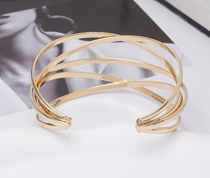 Multi-Layer Cuff Bracelet for Women Cross Wire Bracelets Open Wide Cuff Gold Bangle Bracelet - color: Gold 1