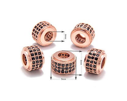 AD Beads Zircon Pave Rhinestones Big Hole Rondelle Spacer Beads 6x7mm 5Pcs Black on Rose Gold - color: 5 Pcs Black on Rose Gold 3 Row Rondelle (6x7mm)
