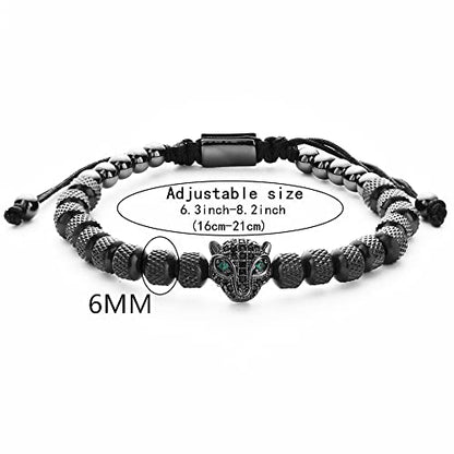 3pcs/set Classical Handmade Braiding Bracelet Hip Hop Men Pave CZ Leopard Head Roman Numeral Bracelet Stainless Steel Jewelry - color: 1pcs Black