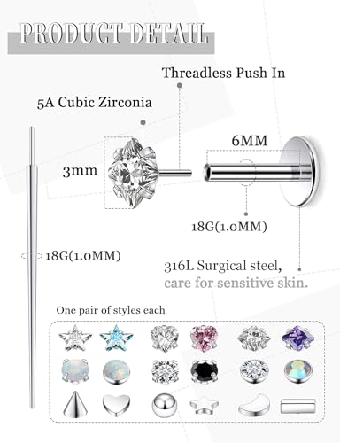 20G 18G 16G 14K Gold Filled Threadless Flat Back Earrings Studs Surgical Stainless Steel Opal CZ Nose Rings Studs Tragus Helix Conch Cartilage Earrings Piercing Jewelry For Women Men Silver - color: Silver, size: 18 Gauge-6MM Bar