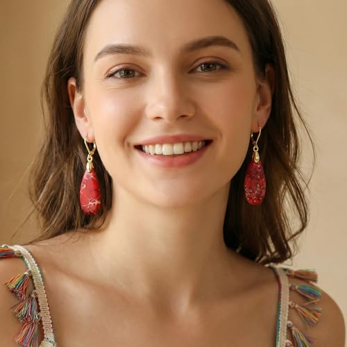 Natural Healing Teardrop Stone Leverback Dangle Drop Earrings Statement Gold earrings - color: Red -Gold