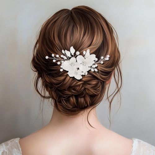 Foyte Bridal Flower Hair Clip White Flower Hair Comb Rhinestone Floral Hairpin Crystal Pearl Hairpieces for Women and Brides