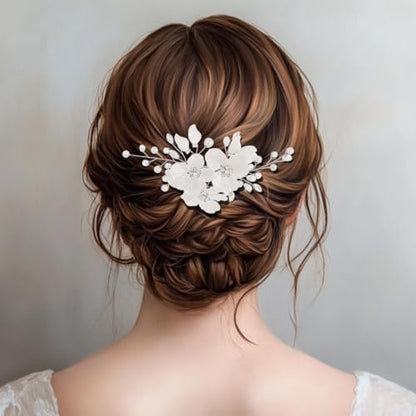 Foyte Bridal Flower Hair Clip White Flower Hair Comb Rhinestone Floral Hairpin Crystal Pearl Hairpieces for Women and Brides