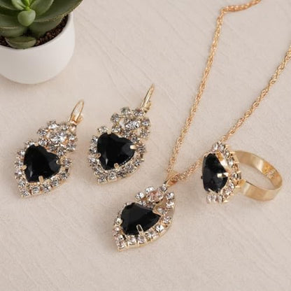 Jewelry Set for Women Love Heart Alloy Artificial Crystal Earrings Pendant Necklace Ring Wedding Party Prom Anniversary Birthday Engagement for Bridal Bridesmaid Girlfriend - color: black Heart