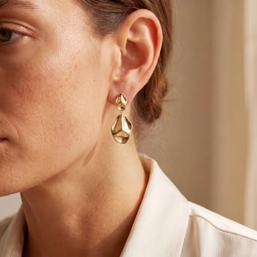Harlermoon Chunky Gold Statement Earrings for Women 14K Gold Plated Sculptural Curved Dangle Drop Studs Hypoallergenic Geometric Jewelry Gift