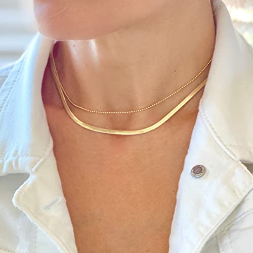 Freekiss Layered Necklace Set for Women Stackable | Herringbone Snake Cuban Rope Chain, Dainty Choker, Layered Stackable, Non Tarnish, Hypoallergenic, Adjustable 14-18.5" - color: Gold, style: Beads+Cuban+Figaro