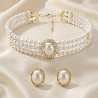 Ymapinc Big Pearl Choker Necklace and Earring Set for Women, Vintage Faux Pearl Jewelry Set, Bride Wedding Prom Party Costume Accessories, Elegant Classic Pearls Choker Gift