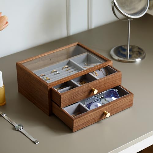 Black Walnut Jewelry Organizer, 2 Layer | Wooden Jewelry Box, For Women, For Necklaces Ring Earring - size: 2 Layer