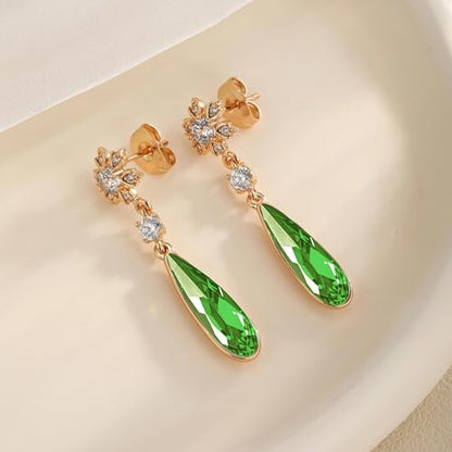 Austrian Crystal Teardrop Earrings Flower Dangle Earrings for Women 14K Gold Plated Drop Stud Earrings Hypoallergenic Jewelry - color: Green