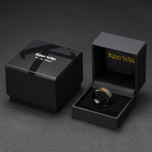 King Will Tungsten Wedding Band Wood Inlay for Men Black Beveled Edge | Black, 8mm, Beveled Edge, Comfort Fit, Wood inlay, Promise Gift - color: Black-Gold